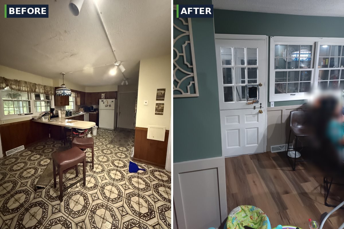 Kitchen new flooring and paint before and after